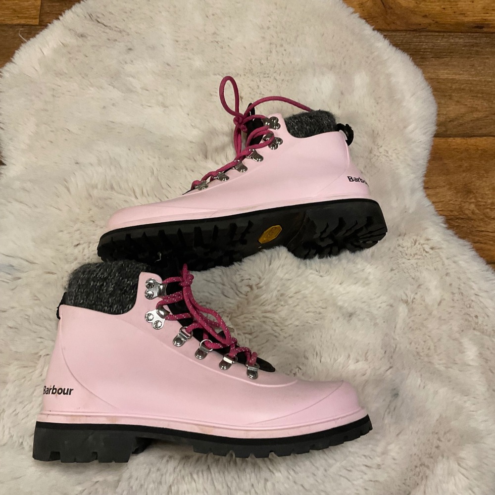 Barbour Ankle Boots Size 8 Hiking Rain Womens Pink Lace Up Lug Sole Rubber
